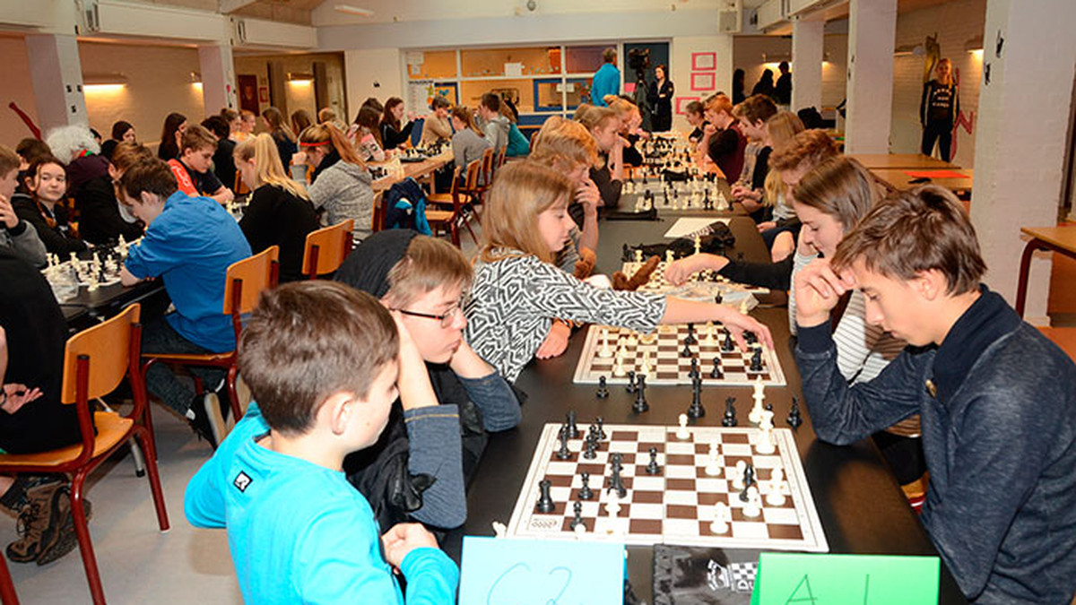 Elever på Broager Skole sidder ved bordene og spiller skak mod hinanden.