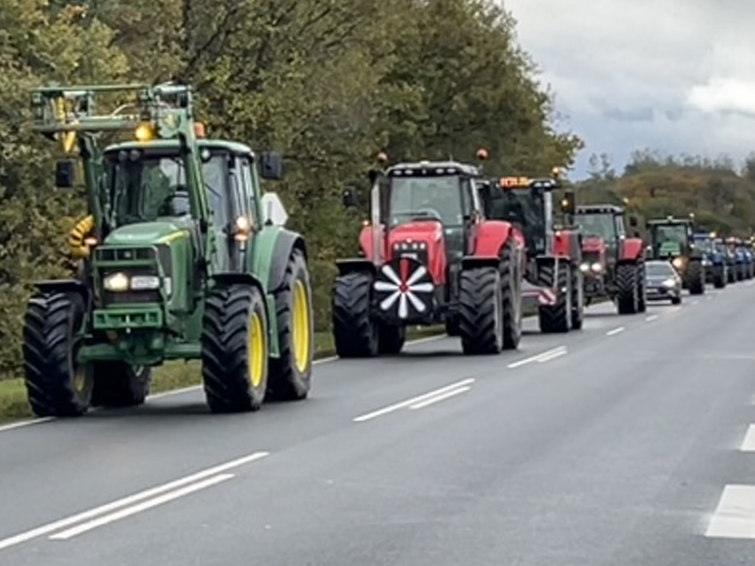 60 traktorer samlede ind til Knæk Cancer – billede 1 Lang række traktorer i konvoj på en landevej, forrest en grøn og en rød traktor